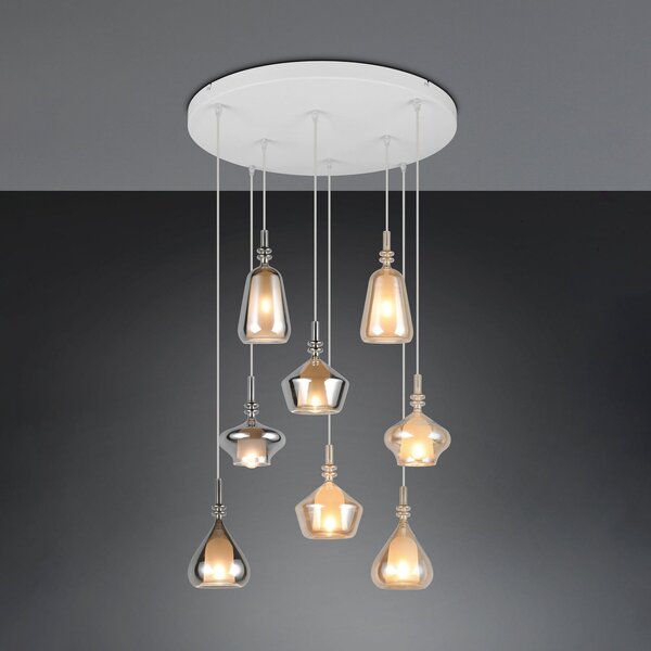 Trio Lighting Κρεμαστό φωτιστικό Aldea, Ø 60 cm, λευκό/κεχριμπάρι/χρώμιο, γυαλί, 8 φτερά., ρυθμιζόμενος, Μπεζ, Σαλόνι / τραπεζαρία, Γυαλί