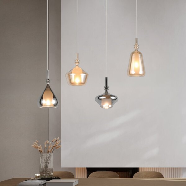 Trio Lighting Κρεμαστό φωτιστικό Aldea, μήκος 65 cm, λευκό/κεχριμπάρι/χρώμιο γυαλί, 4 φτερά., ρυθμιζόμενος, Μπεζ, Σαλόνι / τραπεζαρία, Γυαλί