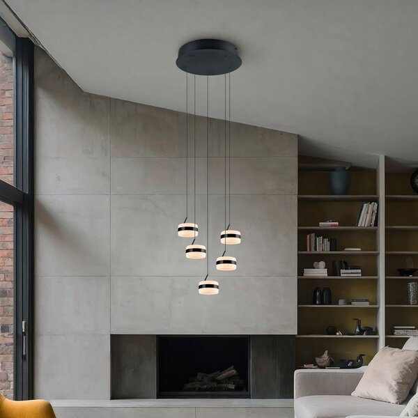 Trio Lighting Κρεμαστό φωτιστικό LED Dios, μαύρο, Ø 45 cm, CCT, 5 φώτα., ρυθμιζόμενος, Μαύρο, Σαλόνι / τραπεζαρία, Μέταλλο, σύγχρονο