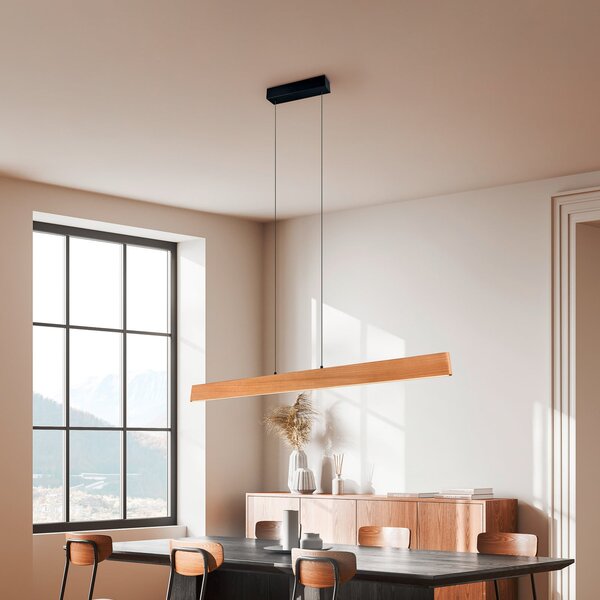 Trio Lighting LED κρεμαστή λάμπα Edgewood, μήκος 150 cm, ξύλο σε χρώμα ξύλου, CCT, ρυθμιζόμενος, Ξύλου, Σαλόνι / τραπεζαρία, Ξύλο