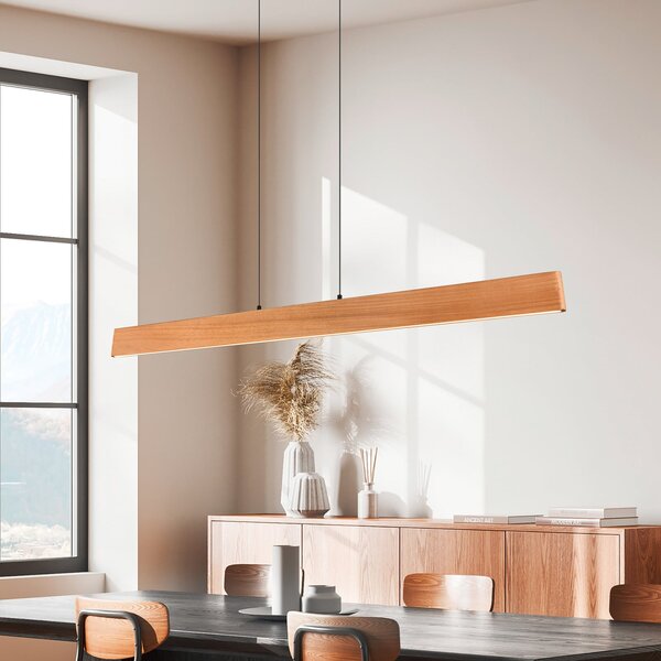Trio Lighting LED κρεμαστή λάμπα Edgewood, μήκος 150 cm, ξύλο σε χρώμα ξύλου, CCT, ρυθμιζόμενος, Ξύλου, Σαλόνι / τραπεζαρία, Ξύλο