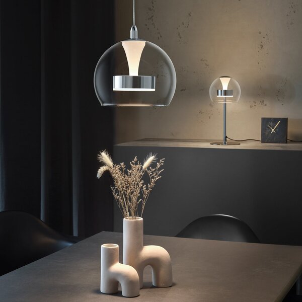 Trio Lighting Κρεμαστό φωτιστικό LED Flynt, Ø 20 cm, χρώμιο, μέταλλο/γυαλί, CCT, ρυθμιζόμενος, Μεταλλικό, Σαλόνι / τραπεζαρία, Μέταλλο, σύγχρονο