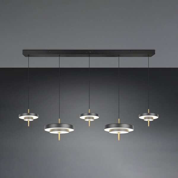Trio Lighting Κρεμαστή λάμπα LED Keaton, μαύρο/χρυσό 140 cm CCT, 5 φτερά., ρυθμιζόμενος, Μαύρο, Σαλόνι / τραπεζαρία, Μέταλλο