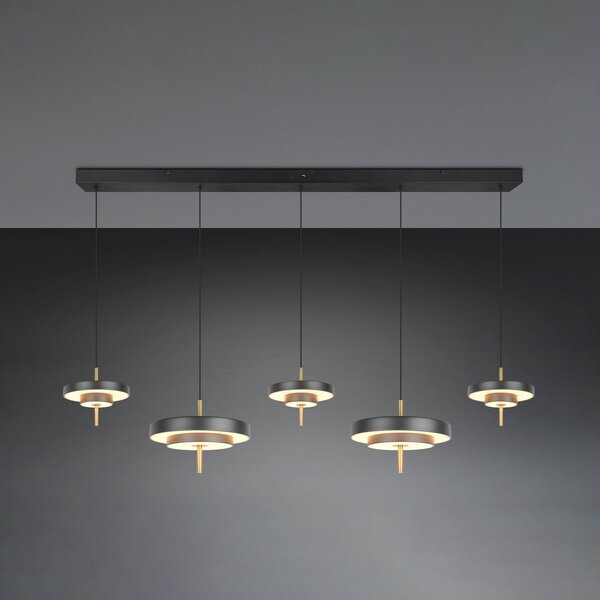 Trio Lighting Κρεμαστή λάμπα LED Keaton, μαύρο/χρυσό 140 cm CCT, 5 φτερά., ρυθμιζόμενος, Μαύρο, Σαλόνι / τραπεζαρία, Μέταλλο