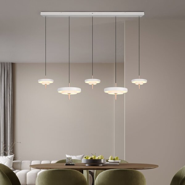 Trio Lighting Κρεμαστή λάμπα LED Keaton, ανοιχτό γκρι, μήκος 140 cm, CCT, 5 φτερά., ρυθμιζόμενος, Γκρι, Σαλόνι / τραπεζαρία, Μέταλλο