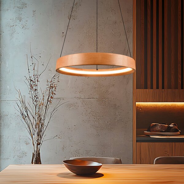 Trio Lighting Κρεμαστό φωτιστικό LED Lynwood, Ø 50 cm, χρώμα ξύλου, ξύλο, ρυθμιζόμενο, ρυθμιζόμενος, Ξύλου, Σαλόνι / τραπεζαρία, Ξύλο