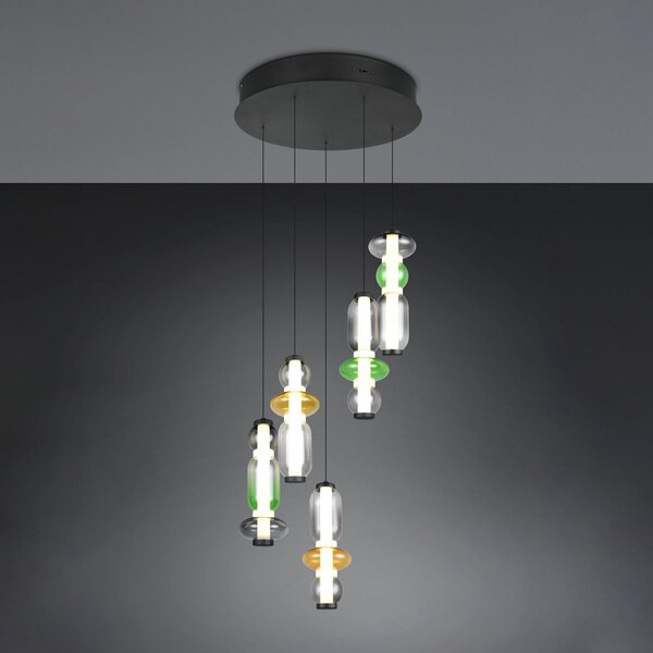 Trio Lighting Κρεμαστή λάμπα LED Minerva, Ø 42 cm, πολύχρωμη, γυαλί, CCT, 5 φτερά., ρυθμιζόμενος, Πολύχρωμο, Σαλόνι / τραπεζαρία, Γυαλί