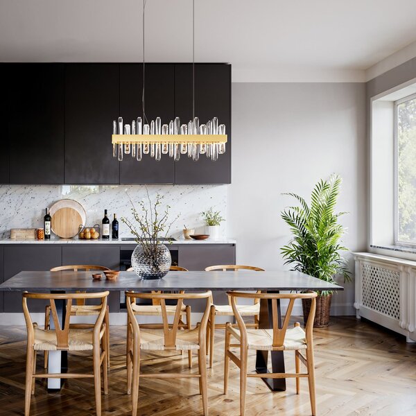 By Rydéns Rydens LED κρεμαστή λάμπα Triumph Bar, 80 cm, ορείχαλκος, διαφανής, Διαφανές, Σαλόνι / τραπεζαρία, Γυαλί, σύγχρονο