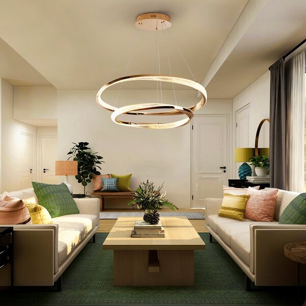 Schuller Valencia Κρεμαστή λάμπα LED Orbitas, Ø 80 cm, χρυσό χρώμα, μέταλλο, ρυθμιστής έντασης, ρυθμιζόμενος, Χρυσό / Ορείχαλκου, Σαλόνι / τραπεζαρία, Αλουμίνιο