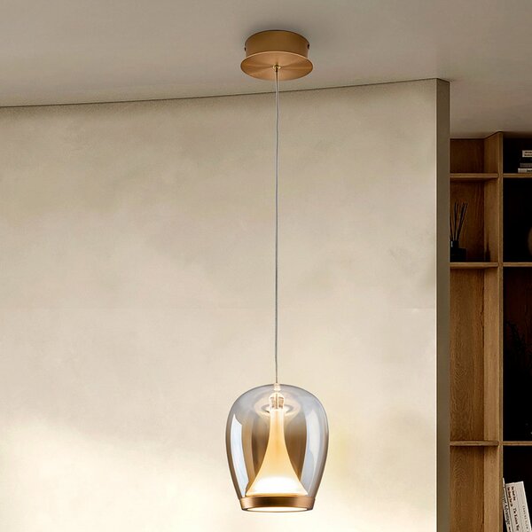 Schuller Valencia Κρεμαστό φωτιστικό LED Suspiro, Ø 18 cm, χρυσό/κεχριμπαρένιο, γυαλί, Μπεζ, Σαλόνι / τραπεζαρία, Γυαλί