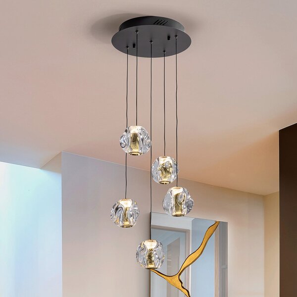 Schuller Valencia Κρεμαστή λάμπα LED Zaira, Ø 33 cm, μαύρο/χρυσό, 5 φτερά., ρυθμιζόμενος, Διαφανές, Σαλόνι / τραπεζαρία, Μέταλλο