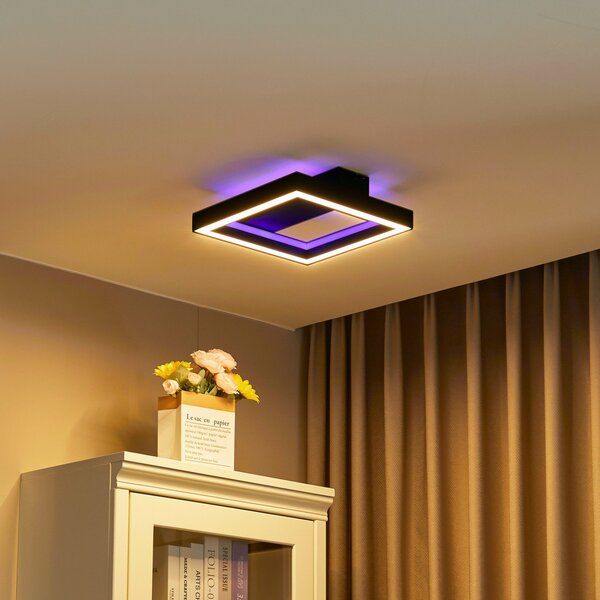 Lucande Smart LED φωτιστικό οροφής Tjado, 30 cm, μαύρο, RGBW, ρυθμιζόμενος, Μαύρο, Σαλόνι / τραπεζαρία, Μέταλλο, σύγχρονο