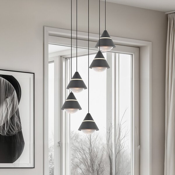 Trio Lighting Κρεμαστή λάμπα LED Romeo, Ø 28 cm, μαύρη, μέταλλο, 5 φτερά., Μαύρο, Σαλόνι / τραπεζαρία, Μέταλλο, σύγχρονο