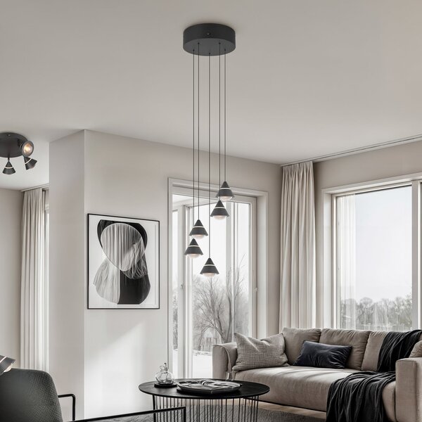 Trio Lighting Κρεμαστή λάμπα LED Romeo, Ø 28 cm, μαύρη, μέταλλο, 5 φτερά., Μαύρο, Σαλόνι / τραπεζαρία, Μέταλλο, σύγχρονο