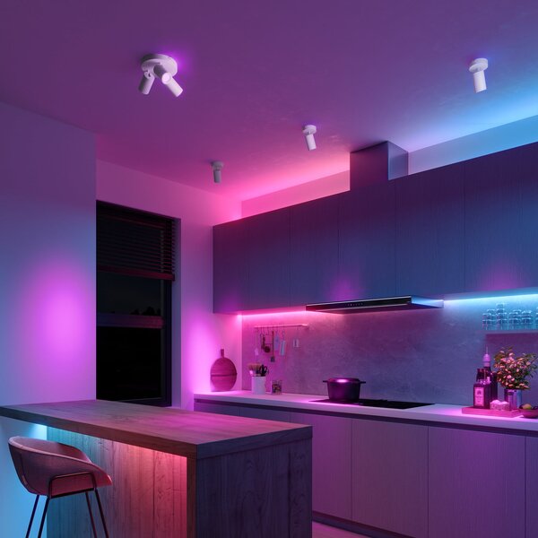 Calex Smart Spot οροφής, λευκό, Ø 21 cm, 3 φώτα, GU10-LED RGBW, ρυθμιζόμενος, Λευκό, Σαλόνι / τραπεζαρία, Μέταλλο, σύγχρονο, Ημικυκλική οροφή με απόσταση