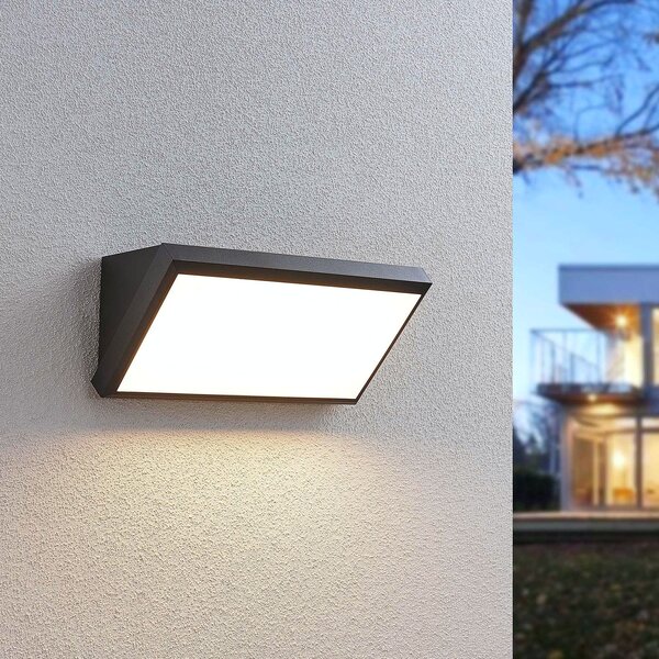 Lindby Εξωτερικό φωτιστικό τοίχου LED Abby, αισθητήρας, IP65, σκούρο γκρι, Μαύρο, Πλαστικό, σύγχρονο, Πρίζα τοίχου κάτω
