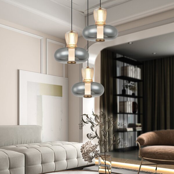 Viokef Κρεμαστή λάμπα LED Sire, Ø 42 cm καπνιστό/μπρονζέ μέταλλο/γυαλί 3 φτερά., Γκρι, Σαλόνι / τραπεζαρία, Μέταλλο
