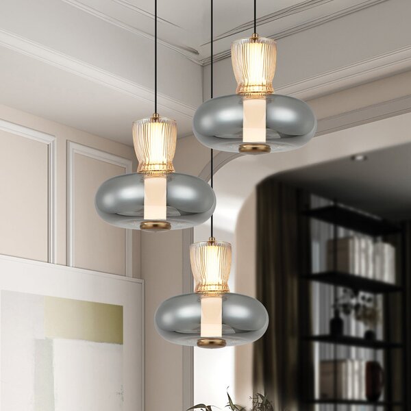 Viokef Κρεμαστή λάμπα LED Sire, Ø 42 cm καπνιστό/μπρονζέ μέταλλο/γυαλί 3 φτερά., Γκρι, Σαλόνι / τραπεζαρία, Μέταλλο