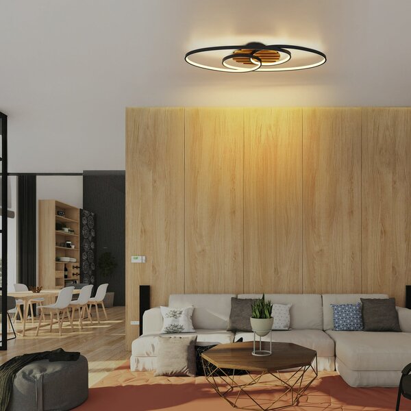 Globo Φωτιστικό οροφής LED Tisha I, μαύρο ματ/ξύλο, μήκος 85 cm, ρυθμιζόμενος, Μαύρο, Σαλόνι / τραπεζαρία, Πλαστικό, σύγχρονο