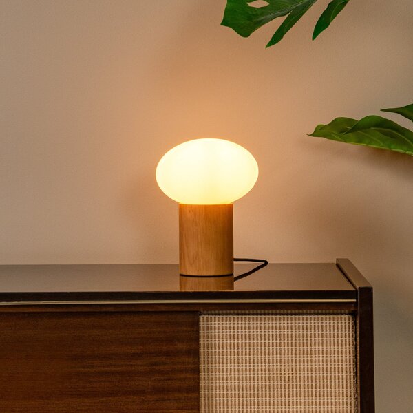 Lucide Λάμπα τραπεζιού Birtle, ύψος 38 cm, λευκό/ανοιχτόχρωμο ξύλο, ξύλο/γυαλί, Ξύλου, Σαλόνι / τραπεζαρία, Ξύλο