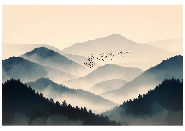 Ταπετσαρία τοίχου ομιχλώδη βουνά με πουλιά