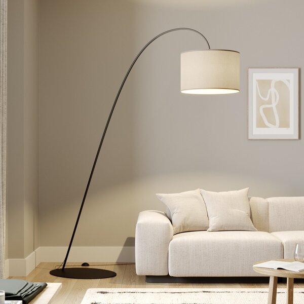 Nowodvorski Lighting Λάμπα τόξου Alice με υφασμάτινο καπέλο καφέ, Καφέ / Σκουριάς, Σαλόνι / τραπεζαρία, Ύφασμα / Κλωστοϋφαντουργία, σύγχρονο