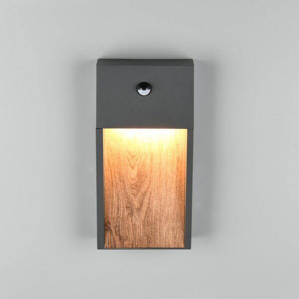 Trio Lighting Λάμπα εξωτερικού τοίχου με αισθητήρα LED SALMON, εμφάνιση ξύλου, ύψος 33 cm IP44, Ξύλου, Αλουμίνιο, σύγχρονο, Πρίζα τοίχου κάτω