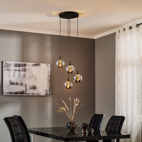 EMIBIG LIGHTING Κρεμαστό φωτιστικό Glassy, 4 φλόγες, μαύρο, γραφίτη, γυαλί, E14, ρυθμιζόμενος, Μαύρο, Σαλόνι / τραπεζαρία, Γυαλί, σύγχρονο