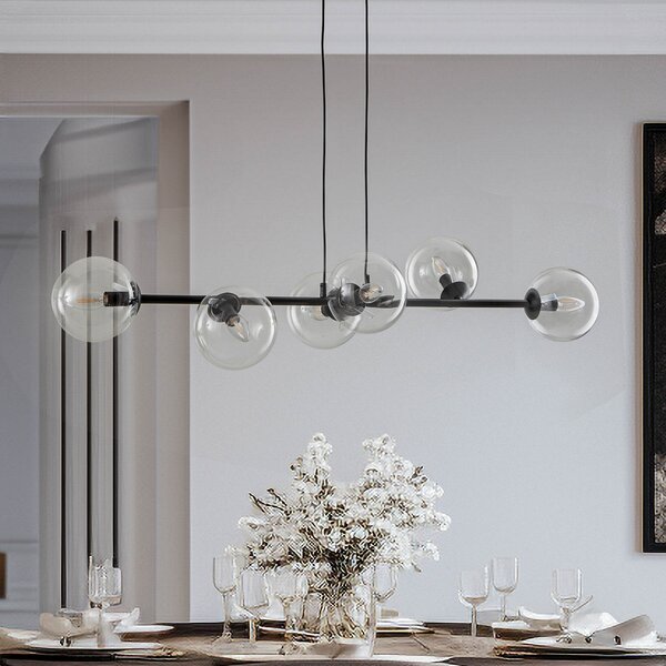 EMIBIG LIGHTING Κρεμαστό φωτιστικό Glassy, 6 φλόγες, μαύρο, διαφανές, γυαλί, 110 cm, ρυθμιζόμενος, Μαύρο, Σαλόνι / τραπεζαρία, Μέταλλο, σύγχρονο