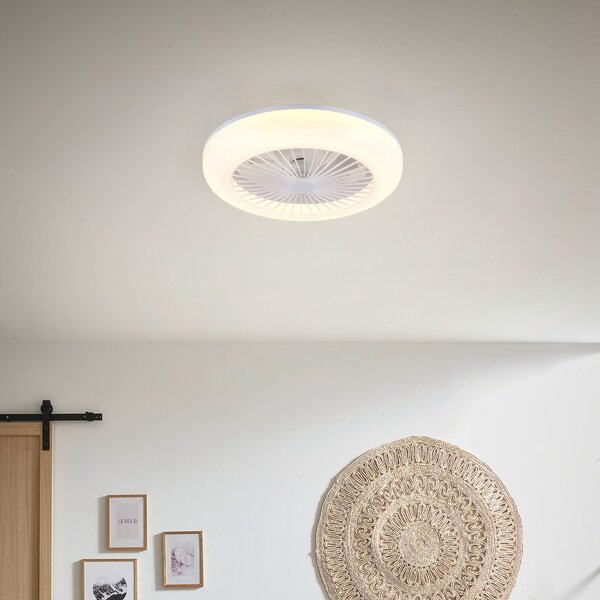 Reality Leuchten Ανεμιστήρας LED Mora, DC, αθόρυβος, Ø 45 cm, CCT, τηλεχειριστήριο, ρυθμιζόμενος, Λευκό, Σαλόνι / τραπεζαρία, Πλαστικό, σύγχρονο