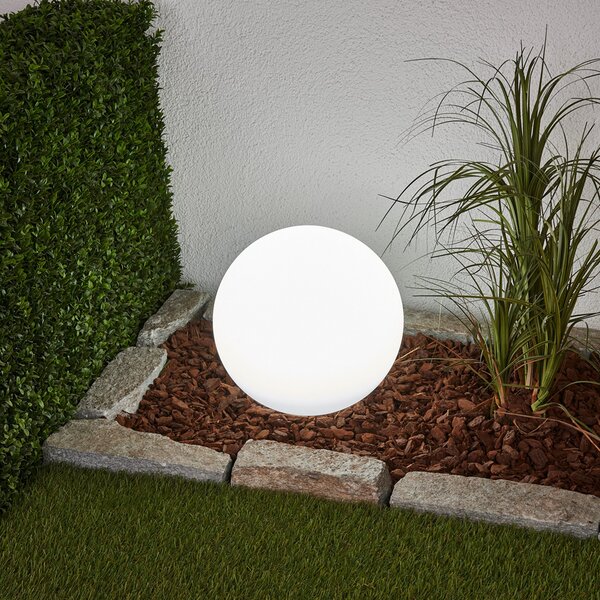 Lindby LED ηλιακός λαμπτήρας Lago, Ø 30 cm, σφαίρα, ακίδα εδάφους, λευκό, Λευκό, Πλαστικό, σύγχρονο, Υπαίθρια σφαίρα
