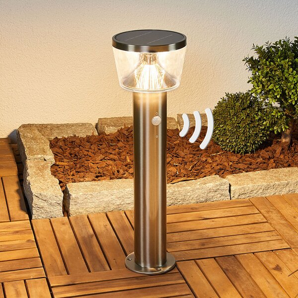 Lindby LED ηλιακό φωτιστικό βάθρο Antje, ανιχνευτής κίνησης, IP44, Μεταλλικό, Ανοξείδωτος χάλυβας, σύγχρονο, Ηλιακά φώτα