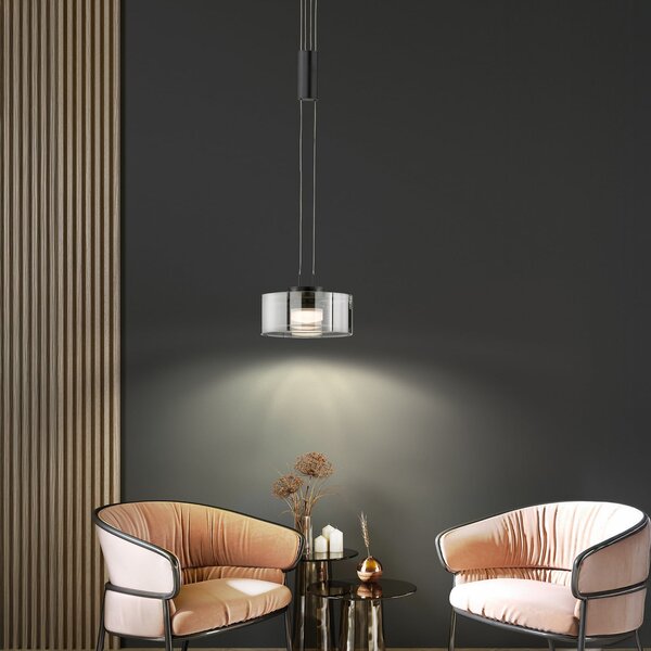 FISCHER & HONSEL Κρεμαστή λάμπα LED LAVIN, μαύρο/καπνιστό, Ø 20 cm μέταλλο/γυαλί dim, ρυθμιζόμενος, Γκρι, Σαλόνι / τραπεζαρία, Μέταλλο, σύγχρονο