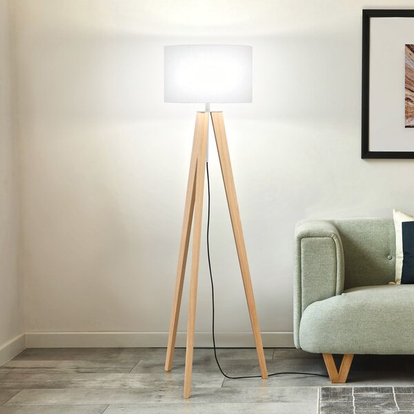 FISCHER & HONSEL Φωτιστικό δαπέδου SHINE-WOOD, λευκό/νικέλιο/δρυς, ύψος 164 cm 3 x E27, Λευκό, Σαλόνι / τραπεζαρία, Ύφασμα / Κλωστοϋφαντουργία, Τρίποδο