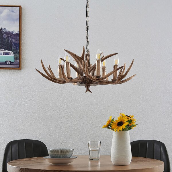 Lindby κρεμαστό φωτιστικό Tejask, Ø 70 cm, 6-φωτο, κέρατα, E14, ρυθμιζόμενος, Καφέ / Σκουριάς, Σαλόνι / τραπεζαρία, Πλαστικό, Εξοχική κατοικία / Ρουστίκ, Πολυέλαιοι