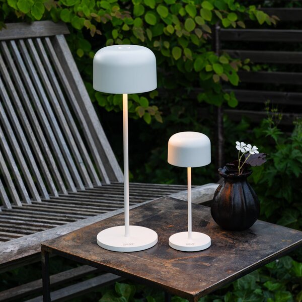 Konstsmide LED-Ακουστική επιτραπέζια λάμπα Lille, ύψος 36 cm, λευκό, IP54, USB, ρυθμιζόμενος, Λευκό, Σαλόνι / τραπεζαρία, Αλουμίνιο, σύγχρονο