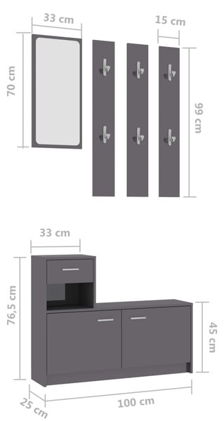 VidaXL Σετ Επίπλων Χολ Γυαλιστερό Γκρι 100x25x76,5 εκ. Μοριοσανίδα