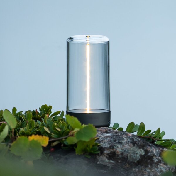 Konstsmide LED φορητή επιτραπέζια λάμπα Edison, ύψος 15 cm, γκρι/διαφανής, IP54, ρυθμιζόμενος, Διαφανές, Σαλόνι / τραπεζαρία, Πλαστικό, σύγχρονο