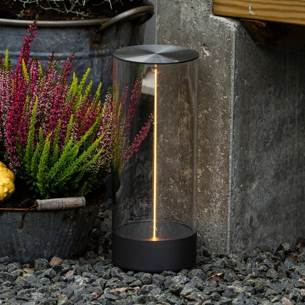 Konstsmide LED φορητή επιτραπέζια λάμπα Edison, ύψος 32 cm, γκρι/διαφανής, IP54, ρυθμιζόμενος, Διαφανές, Σαλόνι / τραπεζαρία, Πλαστικό, σύγχρονο