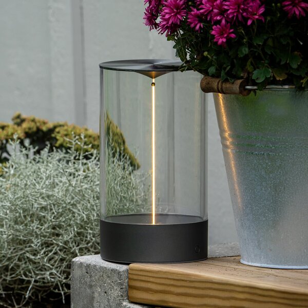 Konstsmide LED-Akku-Tischleuchte Edison, ύψος 23 cm, γκρι/διαφανές, IP54, ρυθμιζόμενος, Διαφανές, Σαλόνι / τραπεζαρία, Πλαστικό, σύγχρονο