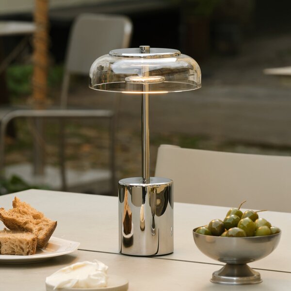Nuura Aps LED φορητή επιτραπέζια λάμπα Blossi, ύψος 26 cm, χρώμιο/διαφανές, ρυθμιζόμενος, Γκρι, Σαλόνι / τραπεζαρία, Μέταλλο, σύγχρονο