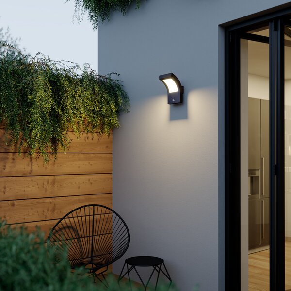 Arcchio Φωτιστικό τοίχου LED Advik, ανθρακί, IP54, αισθητήρας, Μαύρο, Αλουμίνιο, σύγχρονο