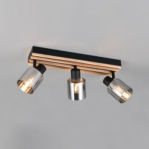 Reality Leuchten Φωτιστικό Travia, μήκος 53 cm, 3 φλόγες, μαύρο/καπνιστό γκρι, ρυθμιζόμενος, Μαύρο, Σαλόνι / τραπεζαρία, Μέταλλο, σύγχρονο, Ημικυκλική οροφή με απόσταση