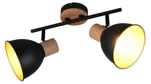 Reality Leuchten Φωτιστικό οροφής Delume, μαύρο, μήκος 49 cm, 2 φτερά. Μέταλλο/ξύλο, ρυθμιζόμενος, Μαύρο, Σαλόνι / τραπεζαρία, Μέταλλο, Σκανδιναβικό, Οροφή πολλαπλής φλόγας