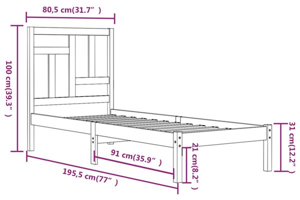 VidaXL Πλαίσιο Κρεβατιού Λευκό 75x190 εκ. Μασίφ Ξύλο Small Single