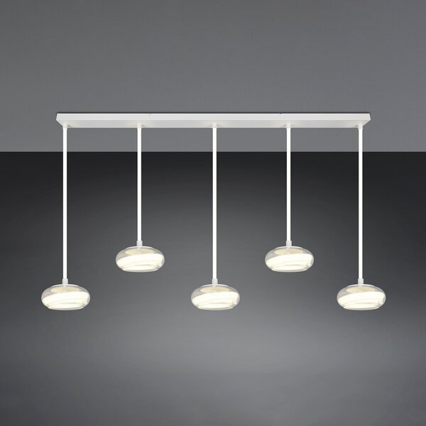 Trio Lighting Κρεμαστό φωτιστικό LED Tarsia, λευκό ματ, μήκος 161 cm, γυαλί, 5 φτερά., ρυθμιζόμενος, Λευκό, Σαλόνι / τραπεζαρία, Γυαλί, σύγχρονο
