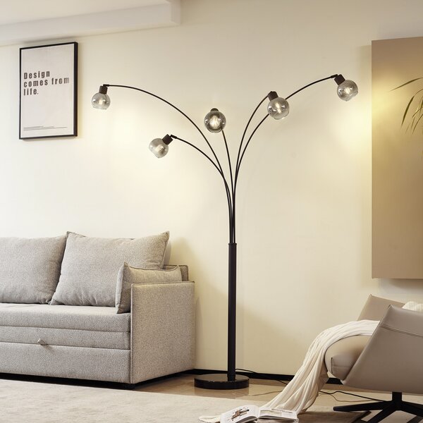 Lindby Floor Lamp Braccio, γκρι/μαύρο, γυαλί, 5 φωτιστικά, 204.5cm, Γκρι, Σαλόνι / τραπεζαρία, Γυαλί, σύγχρονο, Μόνιμη σκιά