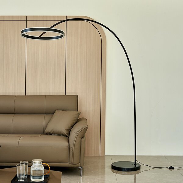 Lucande Φωτιστικό τόξου LED Yekta, μαύρο, 183 cm, με δυνατότητα ρύθμισης του, ρυθμιζόμενος, Μαύρο, Σαλόνι / τραπεζαρία, Μέταλλο, σχεδιασμός