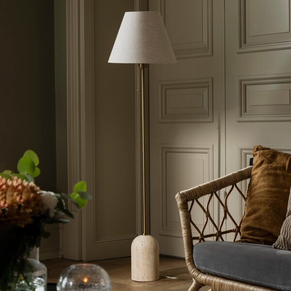 Globen Lighting Φωτιστικό δαπέδου Gino, βάση από τραβερτίνη, μπεζ, 145 cm, Μπεζ, Σαλόνι / τραπεζαρία, Ύφασμα / Κλωστοϋφαντουργία, σχεδιασμός