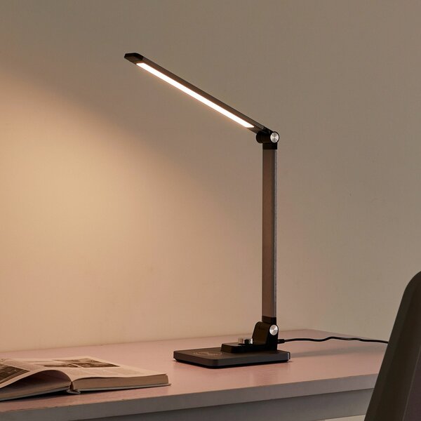 Lindby Επιτραπέζιο φωτιστικό LED Valtaris, γκρι, αλουμίνιο, CCT,, ρυθμιζόμενος, Μεταλλικό, Μελέτη / Γραφείο, Πλαστικό, σύγχρονο